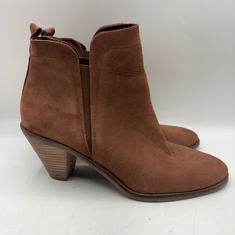 Lucky Brand Jana Cognac Brown Leather Ankle Boots Stacked Cone Heel LK-JANA 10M